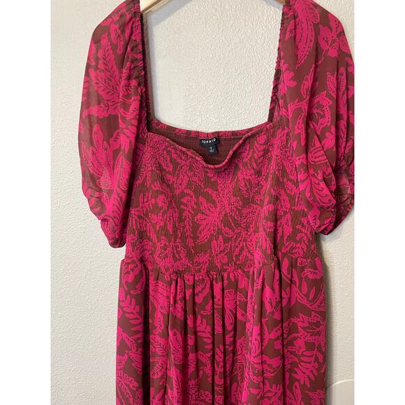 Torrid Cottage Core Smocked Bust Puff Sleeve Red Floral Midi Dress Size 2 (2X) - Picture 6 of 13